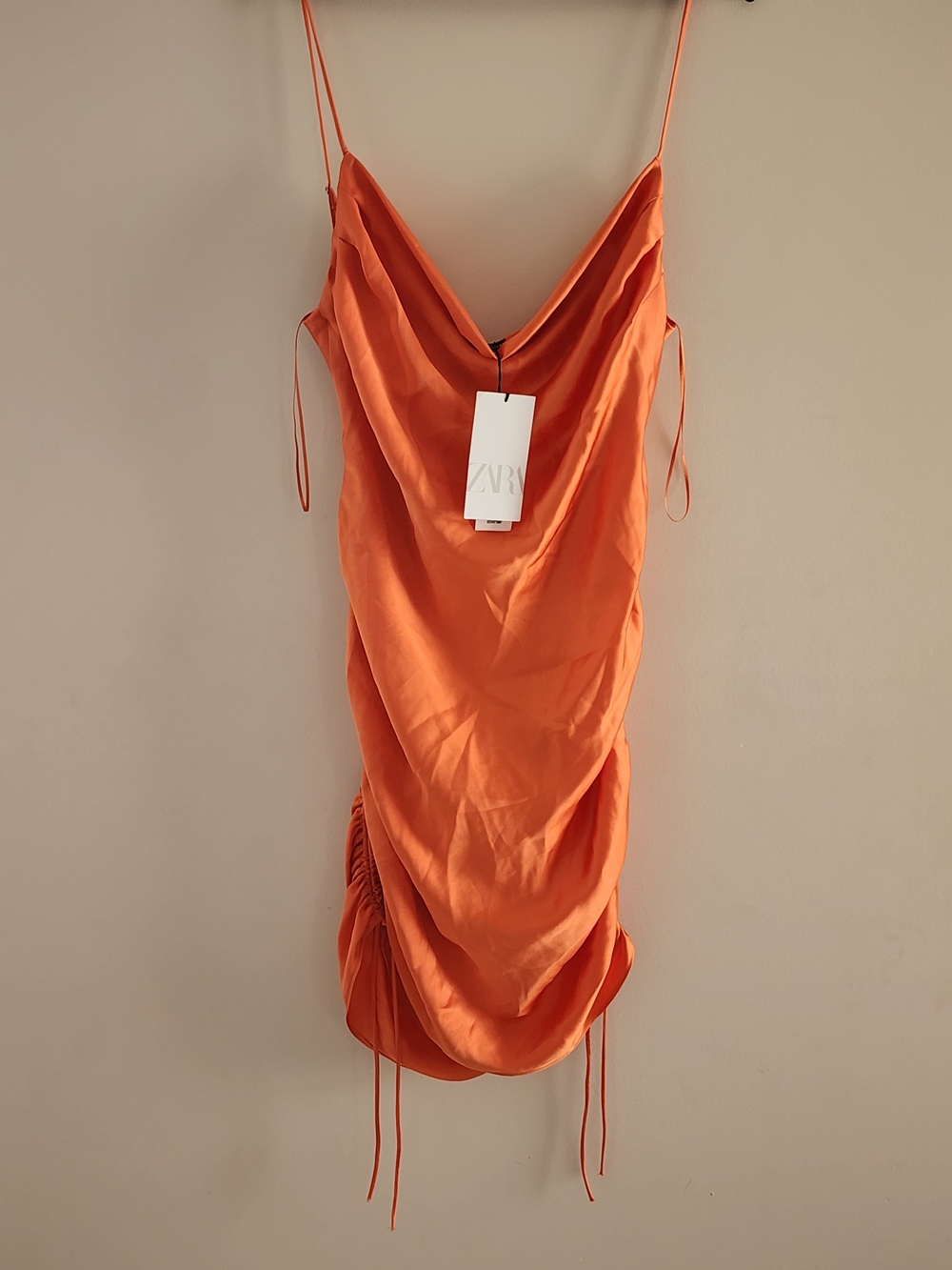 Zara Orange Satin Draped Slip Dress